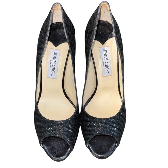 JIMMY CHOO Luna Anthracite Lamé Sparkly Peep Toe Heels EU 40.5 US Size 10.5 - Picture 2 of 16